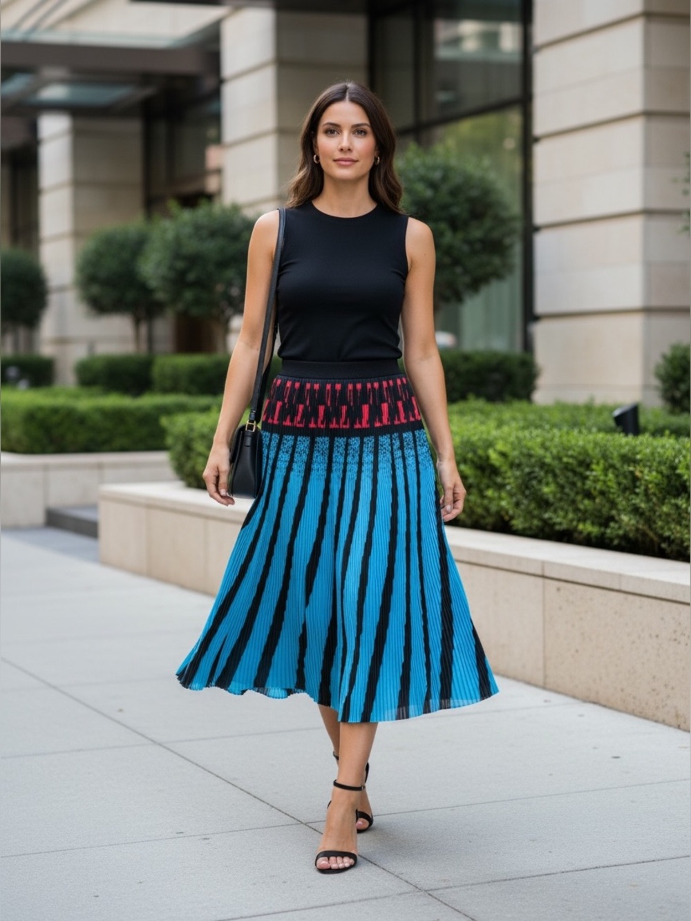 Alexander Wang Pleated Midi Skirt Womens 6 Blue Black Red Graphic Designer